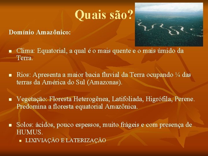 Quais são? Domínio Amazônico: n n Clima: Equatorial, a qual é o mais quente
