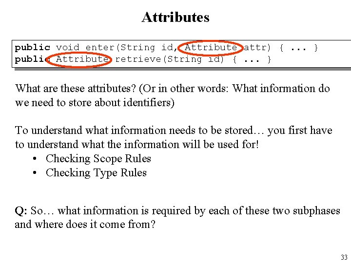 Attributes public void enter(String id, Attribute attr) {. . . } public Attribute retrieve(String