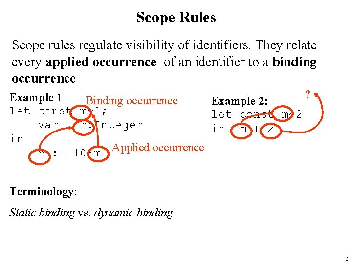 Scope Rules Scope rules regulate visibility of identifiers. They relate every applied occurrence of