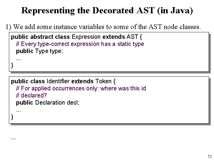 Representing the Decorated AST (in Java) 1) We add some instance variables to some