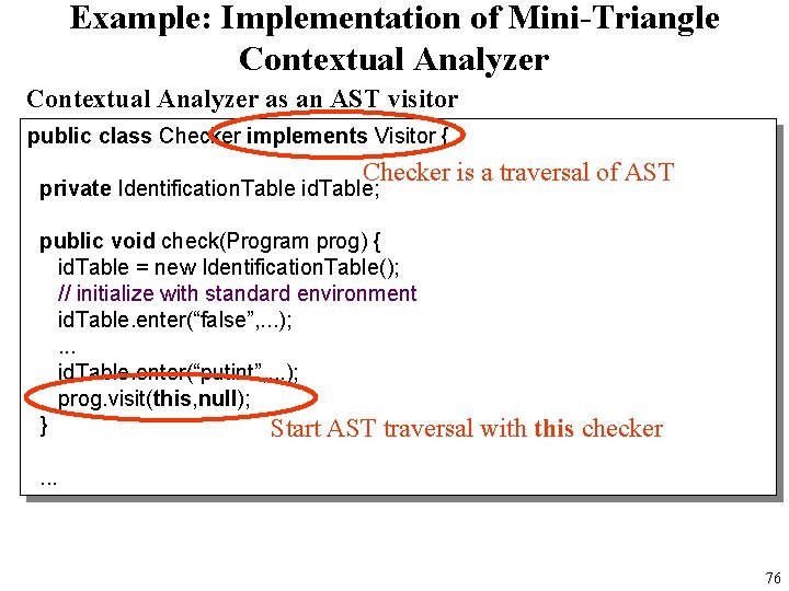 Example: Implementation of Mini-Triangle Contextual Analyzer as an AST visitor public class Checker implements