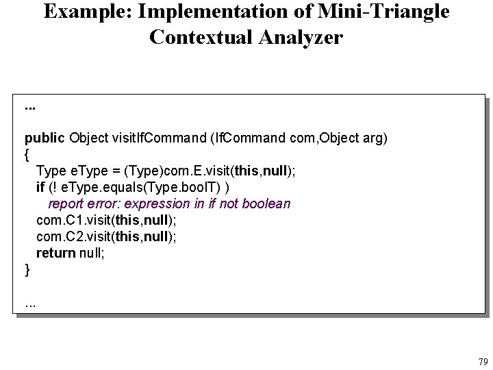 Example: Implementation of Mini-Triangle Contextual Analyzer. . . public Object visit. If. Command (If.