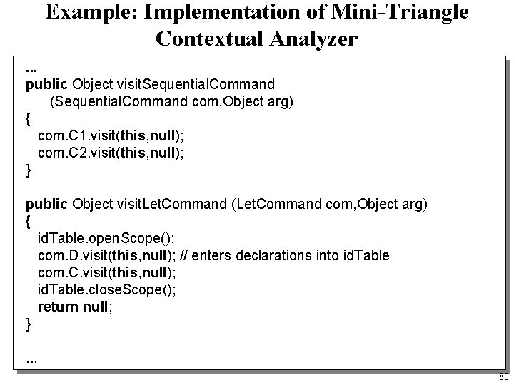 Example: Implementation of Mini-Triangle Contextual Analyzer. . . public Object visit. Sequential. Command (Sequential.