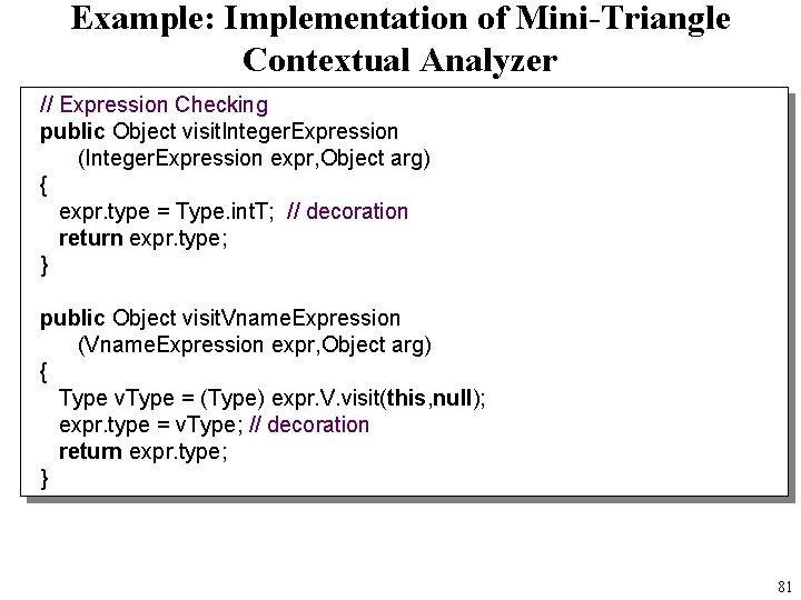 Example: Implementation of Mini-Triangle Contextual Analyzer // Expression Checking public Object visit. Integer. Expression
