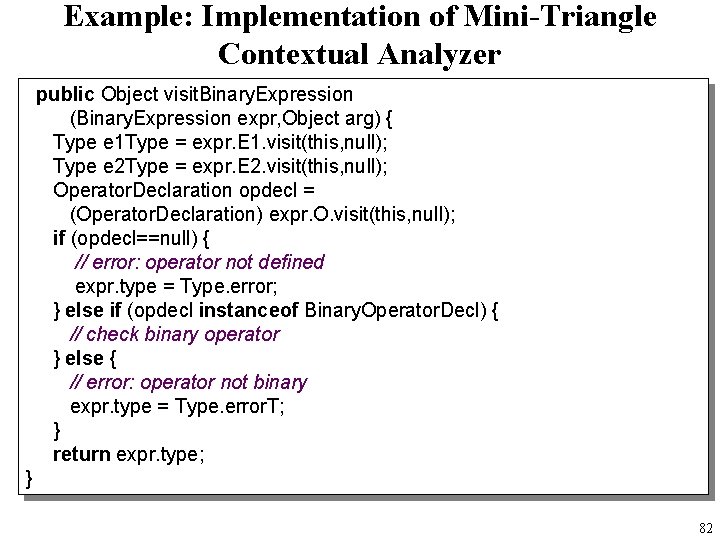 Example: Implementation of Mini-Triangle Contextual Analyzer public Object visit. Binary. Expression (Binary. Expression expr,
