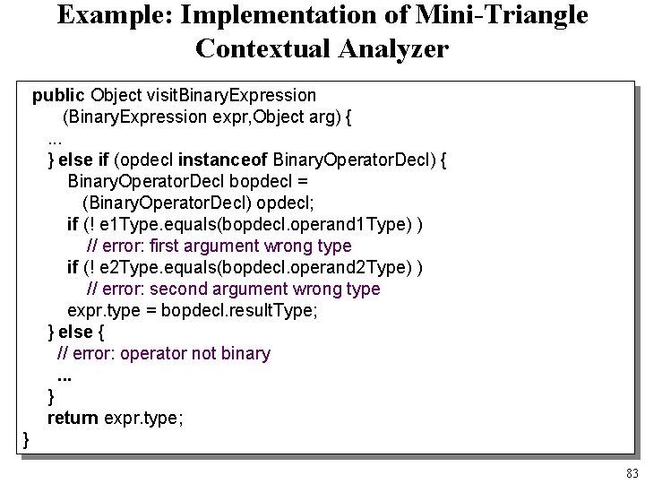 Example: Implementation of Mini-Triangle Contextual Analyzer public Object visit. Binary. Expression (Binary. Expression expr,
