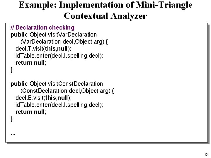 Example: Implementation of Mini-Triangle Contextual Analyzer // Declaration checking public Object visit. Var. Declaration