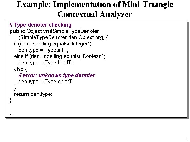 Example: Implementation of Mini-Triangle Contextual Analyzer // Type denoter checking public Object visit. Simple.