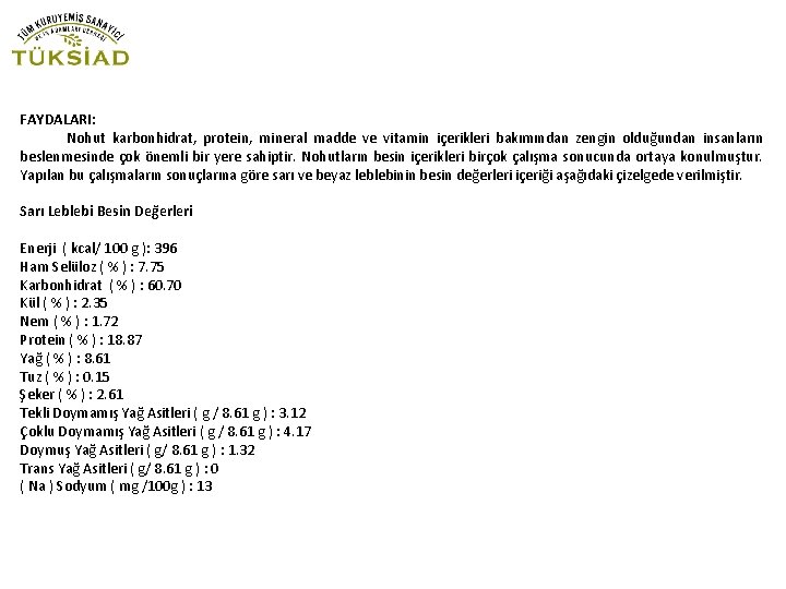 FAYDALARI: Nohut karbonhidrat, protein, mineral madde ve vitamin içerikleri bakımından zengin olduğundan insanların beslenmesinde