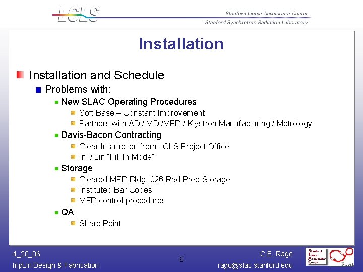 Installation and Schedule Problems with: New SLAC Operating Procedures Soft Base – Constant Improvement