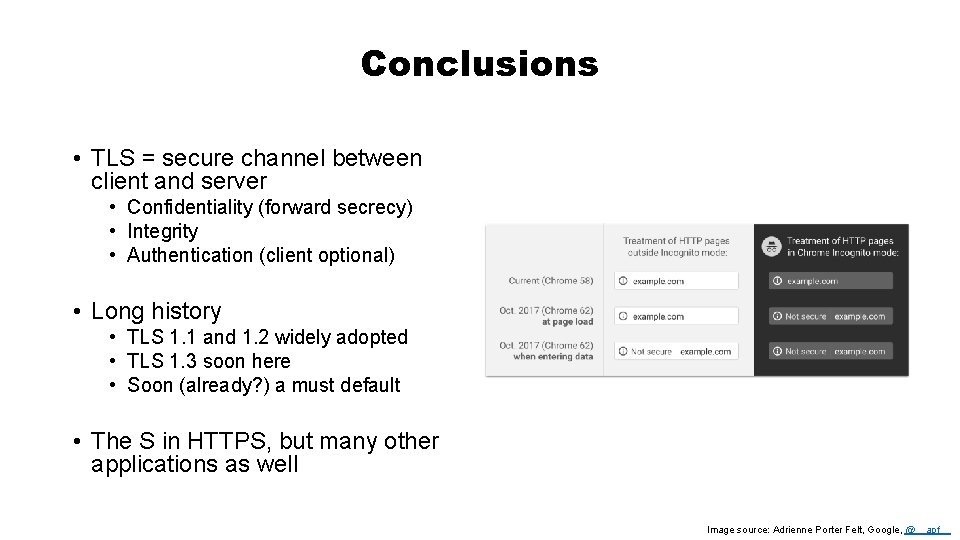 Conclusions • TLS = secure channel between client and server • Confidentiality (forward secrecy)