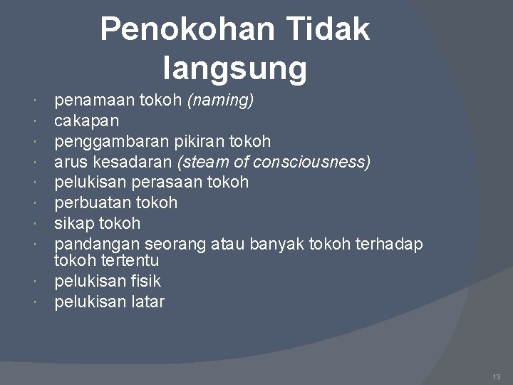 Penokohan Tidak langsung penamaan tokoh (naming) cakapan penggambaran pikiran tokoh arus kesadaran (steam of