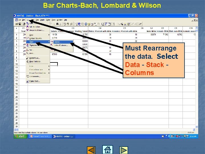 Bar Charts-Bach, Lombard & Wilson Must Rearrange the data. Select Data - Stack Columns