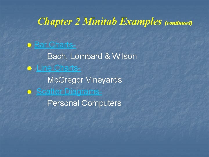 Chapter 2 Minitab Examples (continued) ® Bar Charts. Bach, Lombard & Wilson ® Line