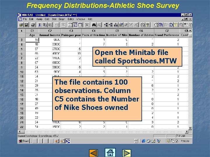 Frequency Distributions-Athletic Shoe Survey Open the Minitab file called Sportshoes. MTW The file contains