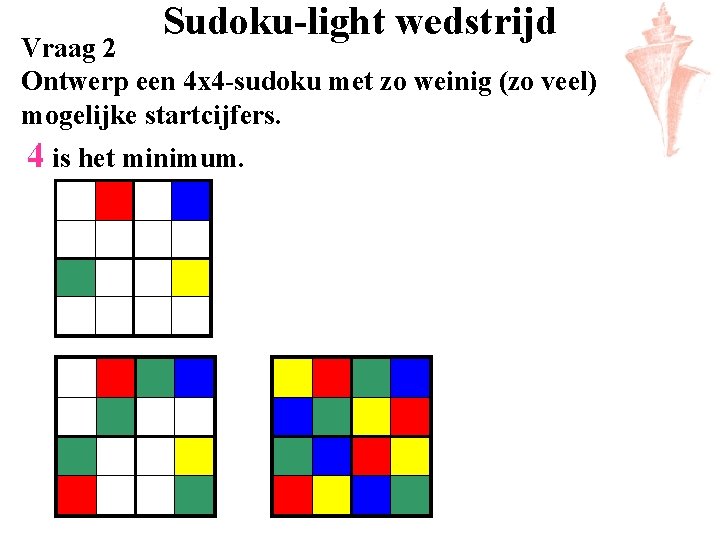 Sudoku-light wedstrijd Vraag 2 Ontwerp een 4 x 4 -sudoku met zo weinig (zo