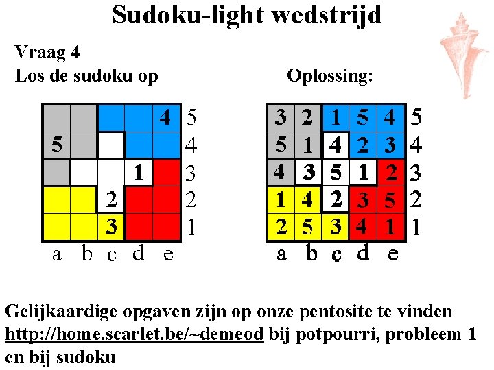 Sudoku-light wedstrijd Vraag 4 Los de sudoku op Oplossing: Gelijkaardige opgaven zijn op onze