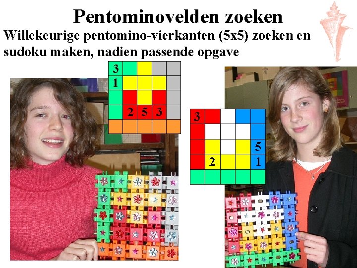 Pentominovelden zoeken Willekeurige pentomino-vierkanten (5 x 5) zoeken en sudoku maken, nadien passende opgave