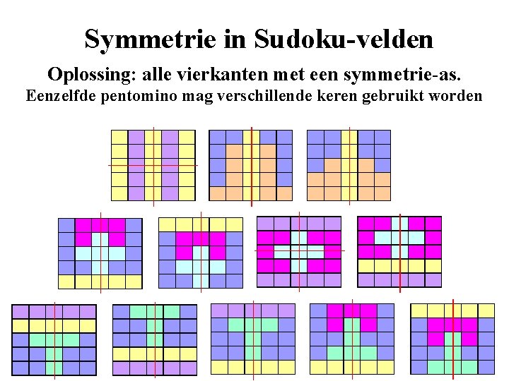 Symmetrie in Sudoku-velden Oplossing: alle vierkanten met een symmetrie-as. Eenzelfde pentomino mag verschillende keren