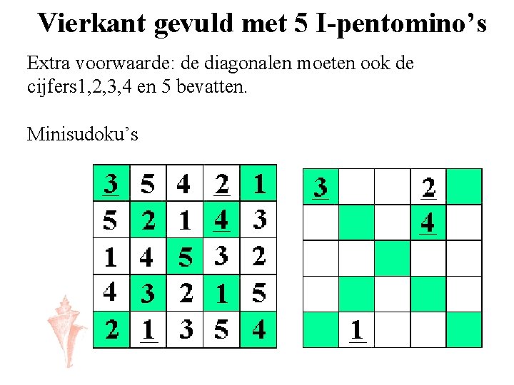 Vierkant gevuld met 5 I-pentomino’s Extra voorwaarde: de diagonalen moeten ook de cijfers 1,