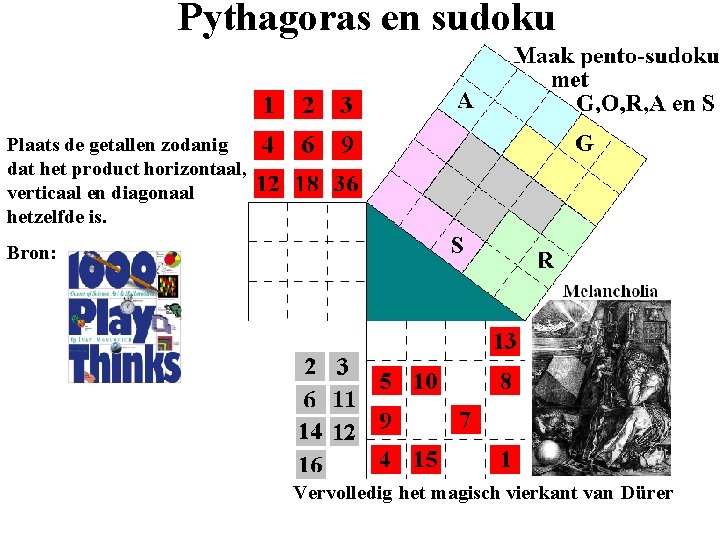 Pythagoras en sudoku Plaats de getallen zodanig dat het product horizontaal, verticaal en diagonaal