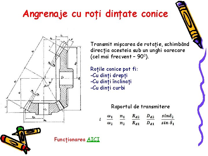 Angrenaje cu roți dințate conice Transmit mișcarea de rotație, schimbând direcția acesteia sub un