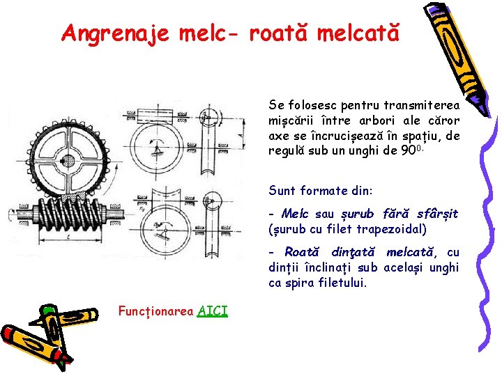 Angrenaje melc- roată melcată Se folosesc pentru transmiterea mișcării între arbori ale căror axe