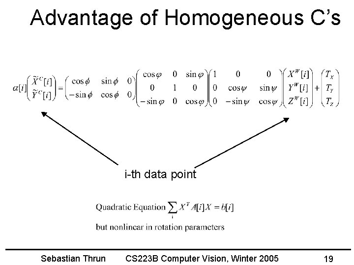 Advantage of Homogeneous C’s i-th data point Sebastian Thrun CS 223 B Computer Vision,