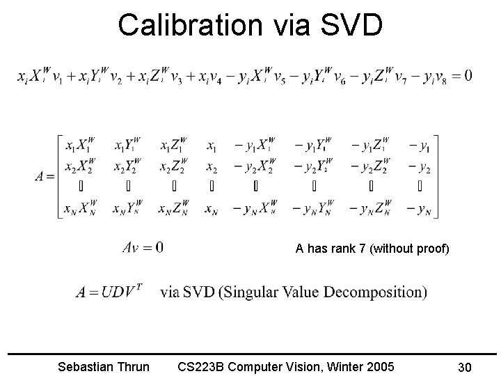 Calibration via SVD A has rank 7 (without proof) Sebastian Thrun CS 223 B