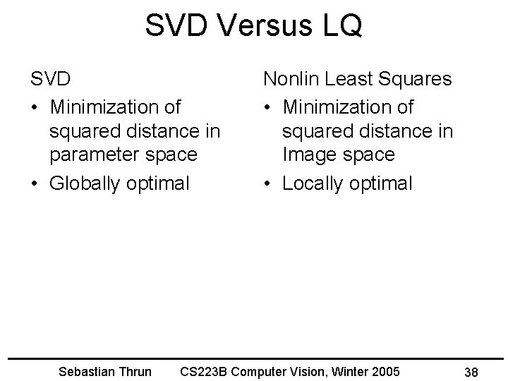 SVD Versus LQ SVD • Minimization of squared distance in parameter space • Globally