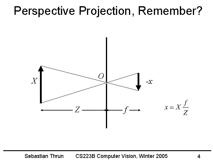 Perspective Projection, Remember? O X Z Sebastian Thrun -x f CS 223 B Computer