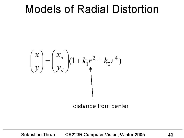 Models of Radial Distortion distance from center Sebastian Thrun CS 223 B Computer Vision,