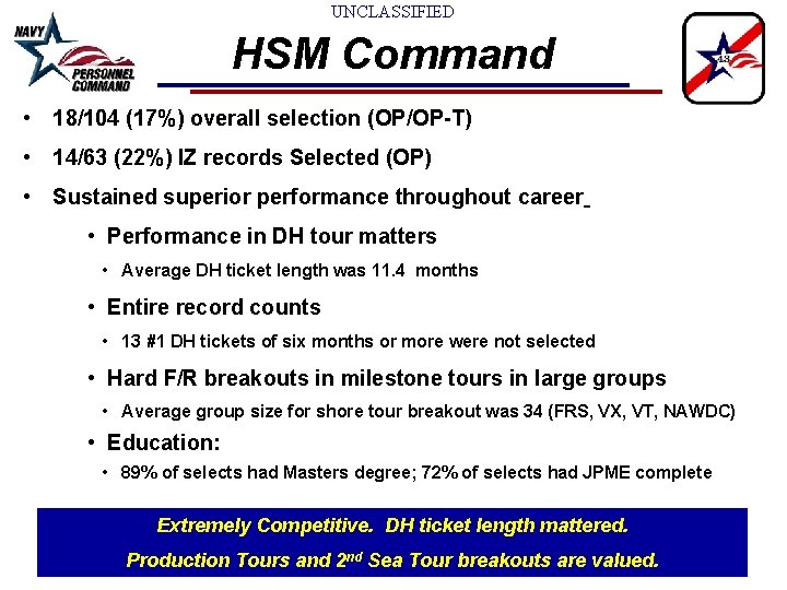 UNCLASSIFIED HSM Command • 18/104 (17%) overall selection (OP/OP-T) • 14/63 (22%) IZ records