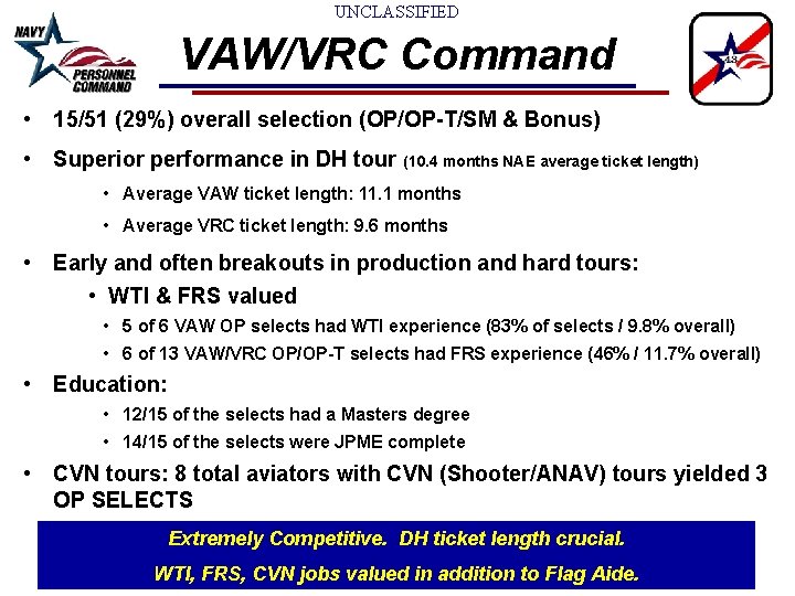 UNCLASSIFIED VAW/VRC Command • 15/51 (29%) overall selection (OP/OP-T/SM & Bonus) • Superior performance