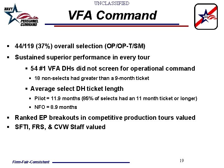 UNCLASSIFIED VFA Command § 44/119 (37%) overall selection (OP/OP-T/SM) § Sustained superior performance in UNCLASSIFIED VFA Command § 44/119 (37%) overall selection (OP/OP-T/SM) § Sustained superior performance in