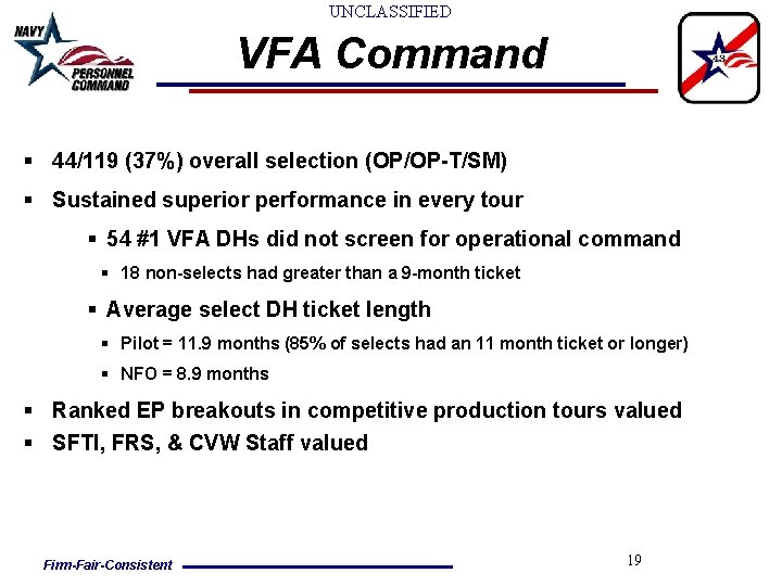 UNCLASSIFIED VFA Command § 44/119 (37%) overall selection (OP/OP-T/SM) § Sustained superior performance in