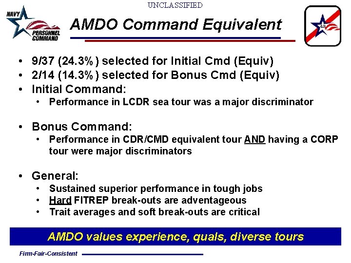 UNCLASSIFIED AMDO Command Equivalent • 9/37 (24. 3%) selected for Initial Cmd (Equiv) • UNCLASSIFIED AMDO Command Equivalent • 9/37 (24. 3%) selected for Initial Cmd (Equiv) •