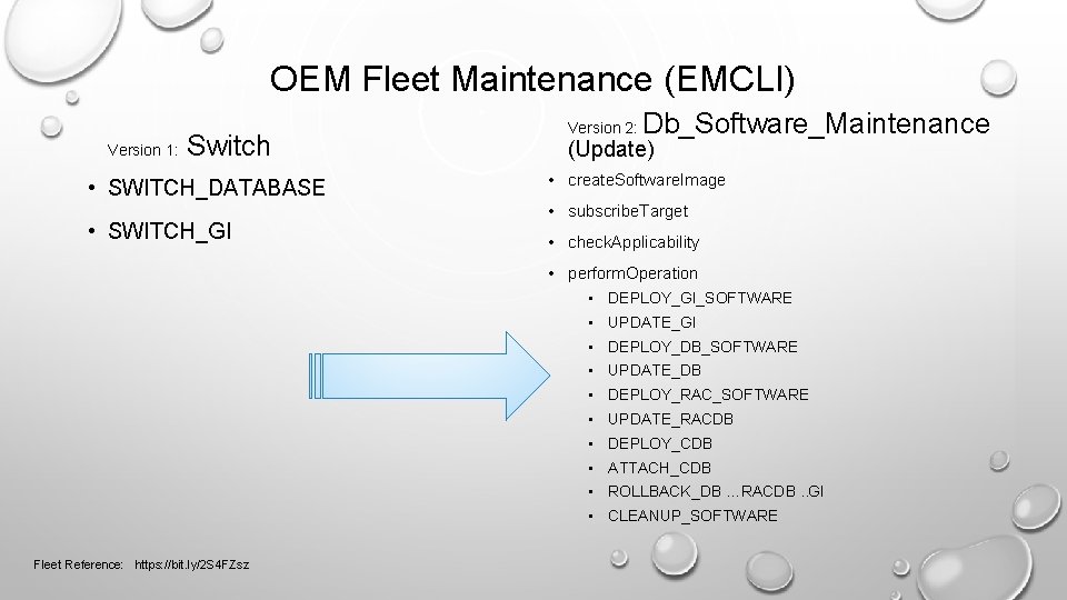 OEM Fleet Maintenance (EMCLI) Version 1: Switch • SWITCH_DATABASE • SWITCH_GI Version 2: Db_Software_Maintenance