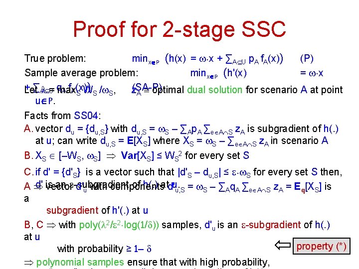 Proof for 2 -stage SSC True problem: minxÎP (h(x) = w. x + ∑AÍU
