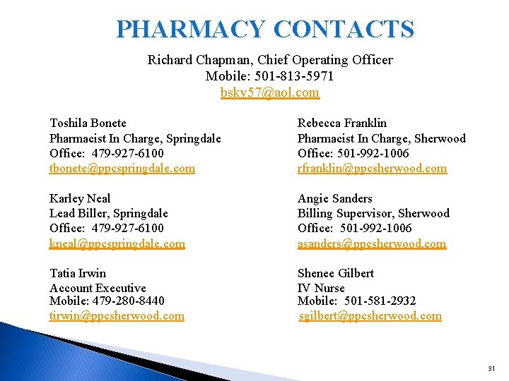 PHARMACY CONTACTS Richard Chapman, Chief Operating Officer Mobile: 501 -813 -5971 bsky 57@aol. com