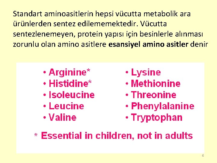 Standart aminoasitlerin hepsi vücutta metabolik ara ürünlerden sentez edilememektedir. Vücutta sentezlenemeyen, protein yapısı için