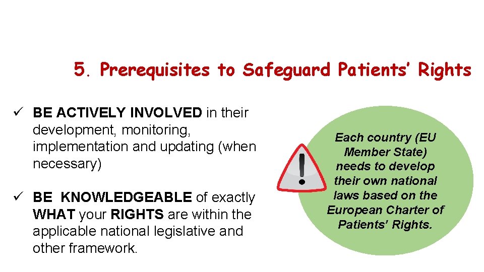 5. Prerequisites to Safeguard Patients’ Rights ü BE ACTIVELY INVOLVED in their development, monitoring,