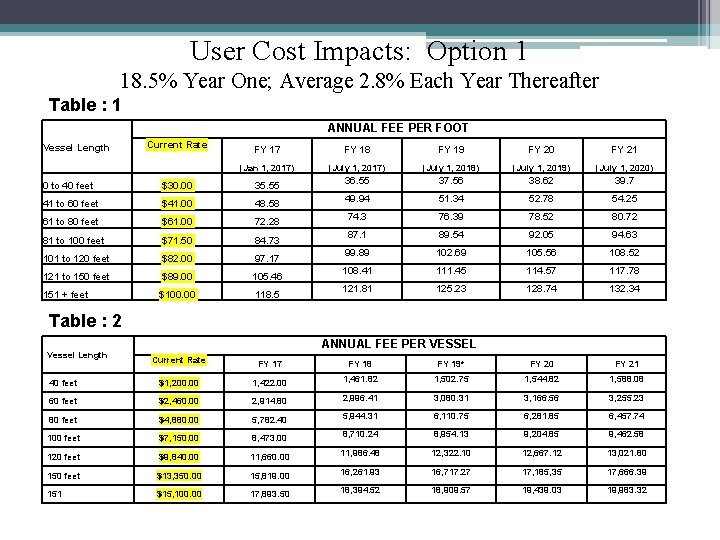 User Cost Impacts: Option 1 18. 5% Year One; Average 2. 8% Each Year
