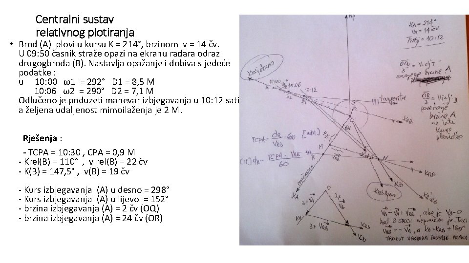 Centralni sustav relativnog plotiranja • Brod (A) plovi u kursu K = 214°, brzinom