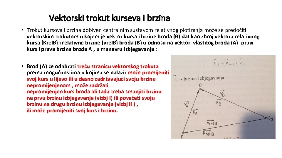 Vektorski trokut kurseva i brzina • Trokut kursova i brzina dobiven centralnim sustavom relativnog