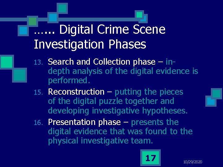 …. . . Digital Crime Scene Investigation Phases 13. 15. 16. Search and Collection