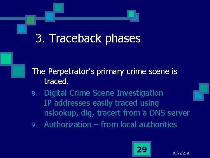 3. Traceback phases The Perpetrator’s primary crime scene is traced. 8. Digital Crime Scene