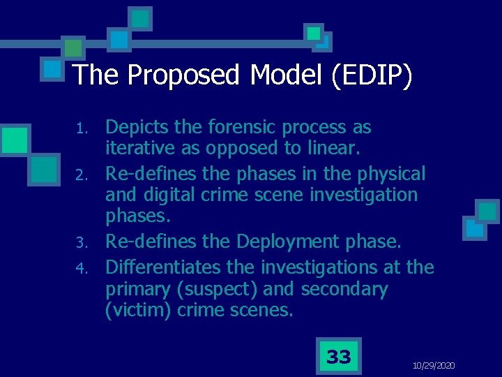 The Proposed Model (EDIP) 1. 2. 3. 4. Depicts the forensic process as iterative