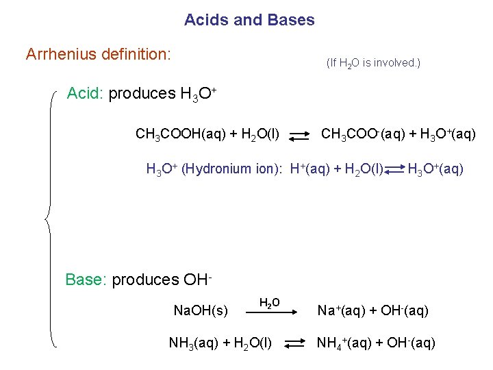 Acids and Bases Arrhenius definition: (If H 2 O is involved. ) Acid: produces