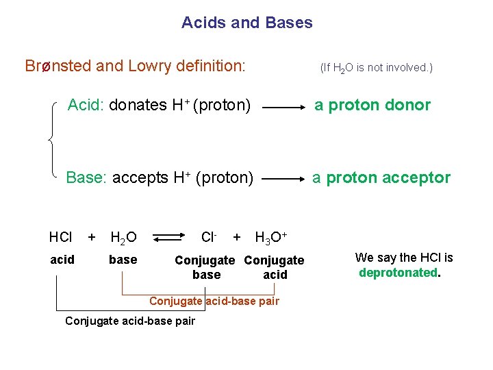 Acids and Bases Brønsted and Lowry definition: (If H 2 O is not involved.